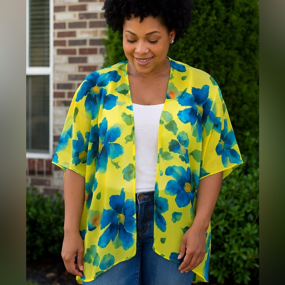 Charming Charlie sheer floral kimono open front cardigan women’s size large‎